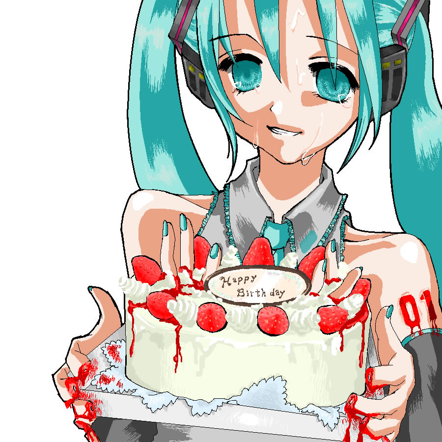 niji, vocaloid, tagme, blood, blue eyes, blue hair, cake, food, guro