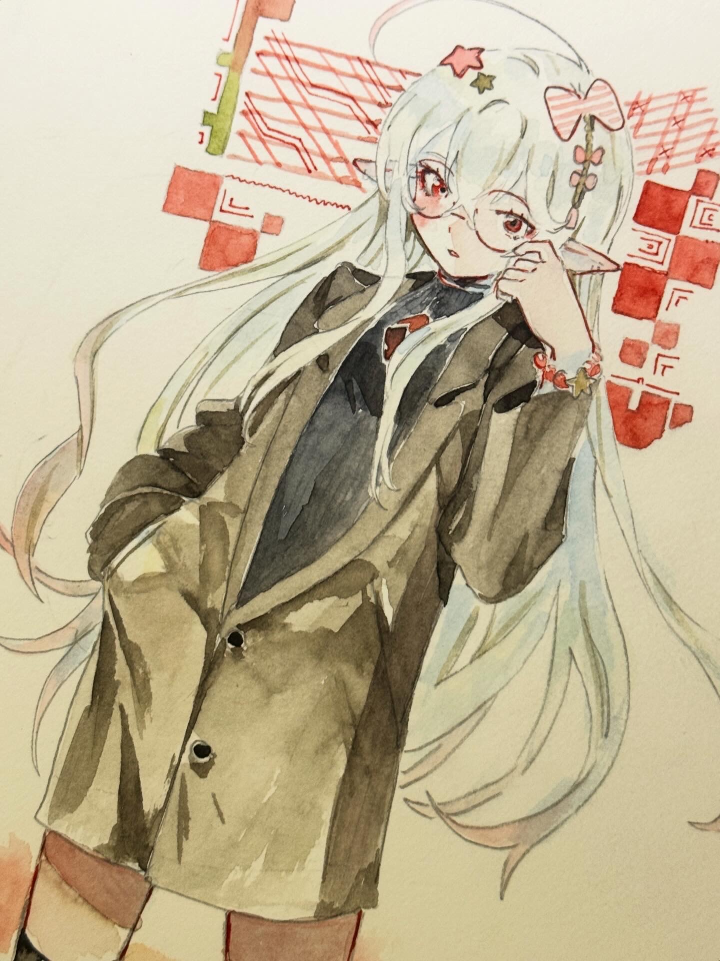 eudetenis, original, commentary, english commentary, highres, photo (medium), traditional media, 1girl, black sweater, brown jacket, dutch angle, glasses, hair between eyes, hair ornament, hand in pocket, hand up, jacket, long hair, long sleeves, looking at viewer, parted lips, pointy ears, red eyes, ribbed sweater, semi-rimless eyewear, solo, star (symbol), star hair ornament, sweater, under-rim eyewear, very long hair, white hair