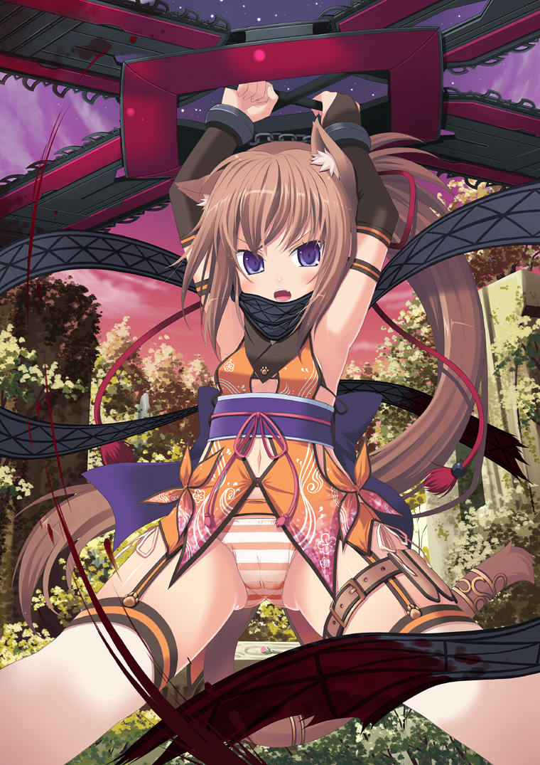 amamiya minato, original, bad id, bad pixiv id, 1girl, animal ears, armband, armpits, arms up, blood, blue eyes, brown hair, cameltoe, cat ears, cat tail, chainsaw, elbow gloves, fang, female focus, garter belt, gloves, hanging, navel, no pants, panties, ponytail, purple eyes, ribbon, scarf, shuriken, side-tie panties, solo, striped clothes, striped panties, tail, thigh strap, thighhighs, underwear, weapon, windmill