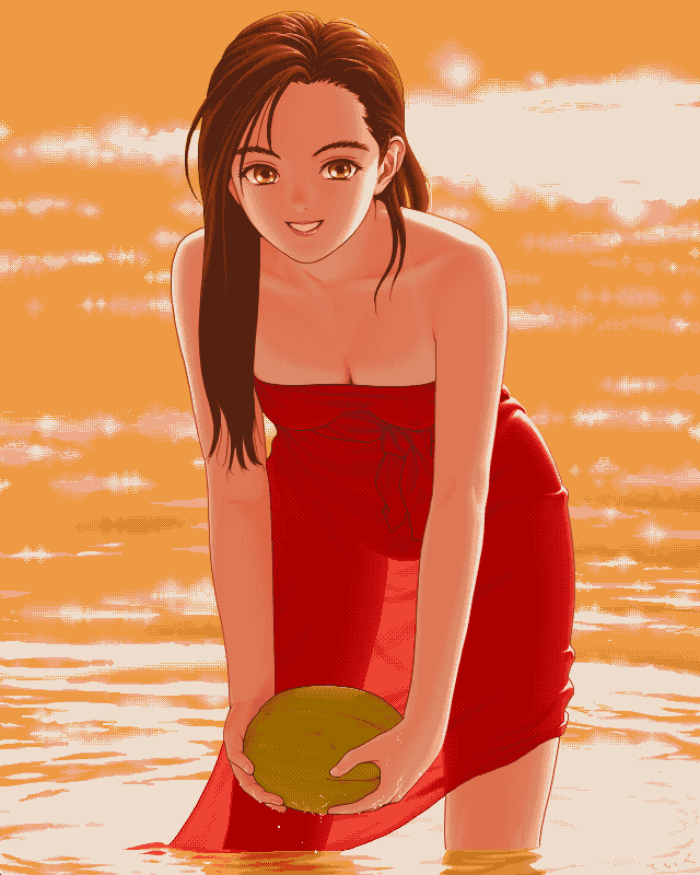 teiku (take), archived source, character request, commentary request, copyright request, 1990s (style), 1girl, ambiguous orange liquid, asymmetrical bangs, asymmetrical dress, bare arms, bare legs, bare shoulders, blurry, blurry background, breasts, brown eyes, brown hair, caustics, cleavage, collarbone, curtained hair, dithering, downblouse, dress, dripping, evening, food, fruit, grin, hair behind ear, hair over shoulder, holding, holding food, holding fruit, holding watermelon, long hair, looking at viewer, medium breasts, ocean, orange theme, partially submerged, pc-98 (style), pixel art, red dress, red ribbon, refraction, retro artstyle, ribbon, sagging breasts, see-through clothes, see-through dress, see-through silhouette, smile, solo, standing, strapless, strapless dress, tan, tanline, v arms, waist ribbon, water, watermelon, wet