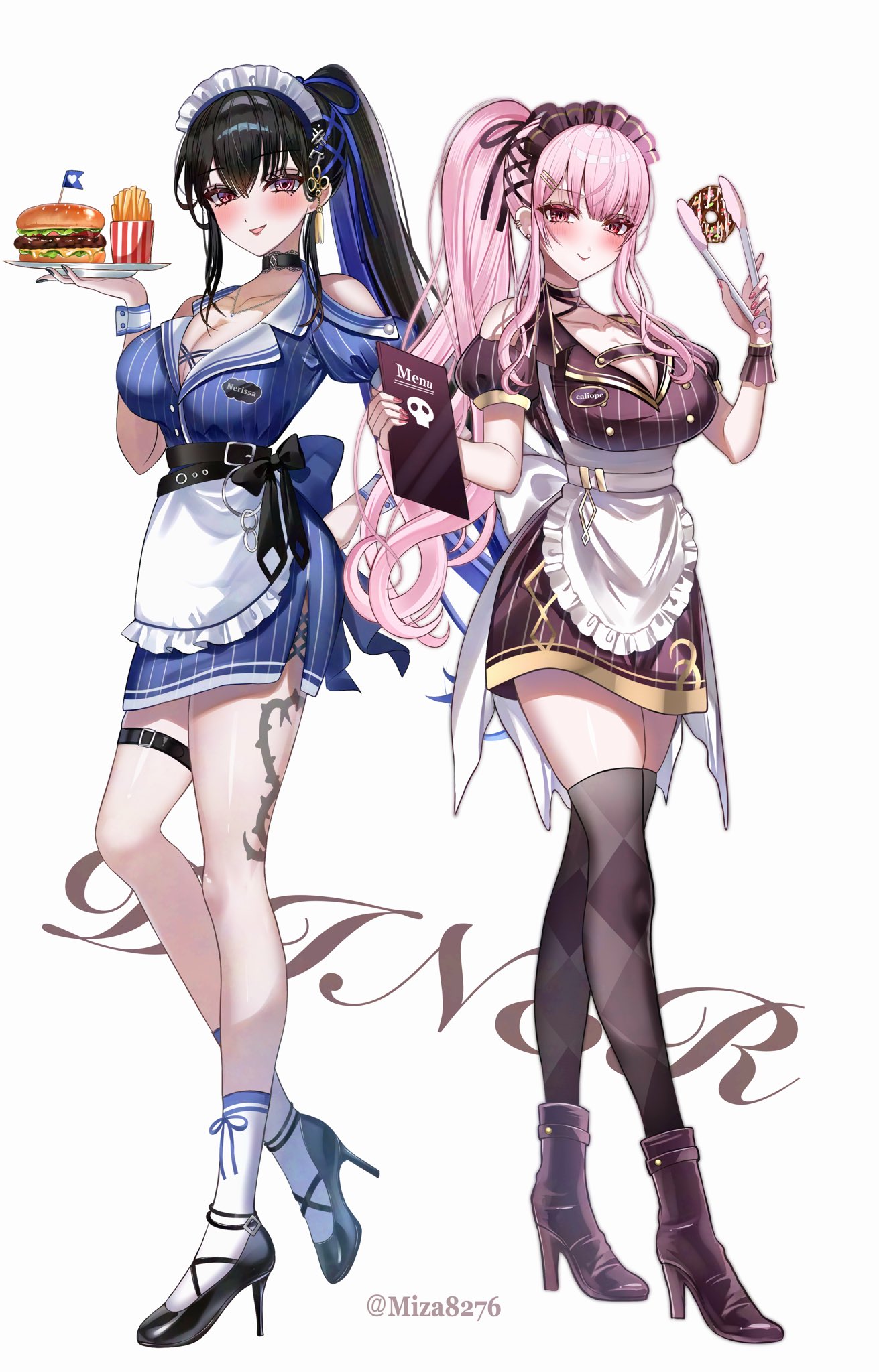 miza8276, mori calliope, nerissa ravencroft, hololive, hololive english, commentary, highres, symbol-only commentary, 2girls, apron, back bow, belt, black belt, black collar, black hair, black shoes, black thighhighs, blue dress, blue hair, blush, boots, bow, breasts, brown boots, burger, cleavage, clipboard, closed mouth, clothing cutout, collar, colored inner hair, cross-laced clothes, cross-laced dress, dress, flower knot, food, fortissimo, french fries, frilled apron, frills, full body, hair ornament, high heel boots, high heels, high ponytail, holding, holding clipboard, holding paint palette, jewelry, lapels, large breasts, leg tattoo, long hair, looking at viewer, maid headdress, mole, mole under eye, multicolored hair, multiple girls, musical note, musical note hair ornament, name tag, necklace, no horns, notched lapels, open mouth, paint palette, pink hair, pinstripe dress, pinstripe pattern, ponytail, puffy short sleeves, puffy sleeves, purple eyes, shoes, short dress, short sleeves, shoulder cutout, side slit, sidelocks, simple background, smile, socks, solo, standing, strappy heels, tattoo, thigh strap, thighhighs, two-tone hair, very long hair, virtual youtuber, waist apron, white apron, white background, white socks, wrist cuffs, zettai ryouiki