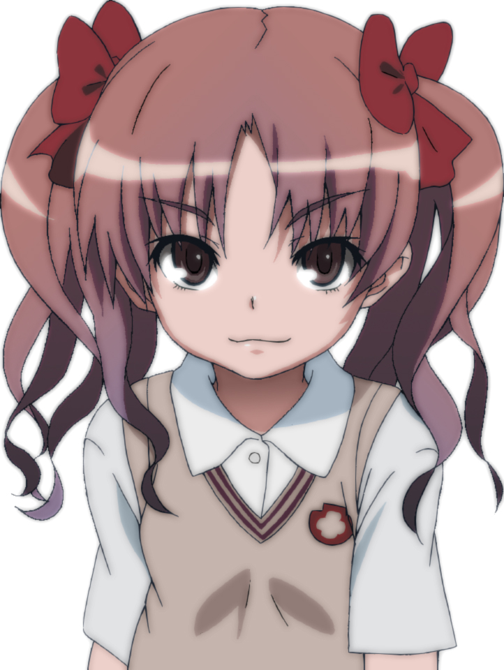 suzuki yuuhane, shirai kuroko, toaru kagaku no railgun, toaru majutsu no index, bad id, bad pixiv id, 00s, 1girl, :3, bow, brown eyes, brown hair, female focus, hair bow, long hair, school uniform, simple background, solo, sweater vest, twintails