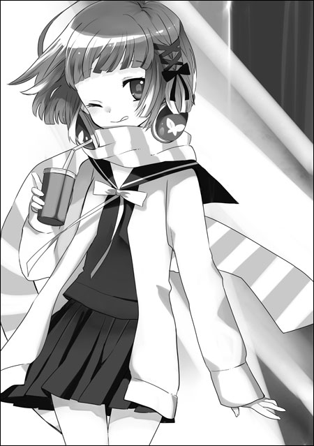 hara yui, original, 1girl, :q, ;q, border, drink, female focus, greyscale, hair ribbon, jacket, looking at viewer, monochrome, one eye closed, ribbon, scarf, school uniform, serafuku, short hair, smile, solo, tongue, tongue out, wink