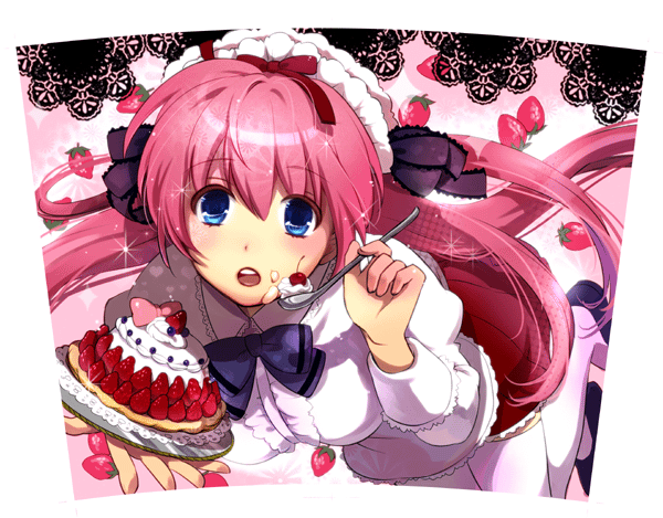 tomako, original, 1girl, blue eyes, breasts, cake, cherry, doily, female focus, food, fruit, large breasts, long hair, looking at viewer, open mouth, pastry, pink hair, shoes, solo, spoon, strawberry, thighhighs, white thighhighs