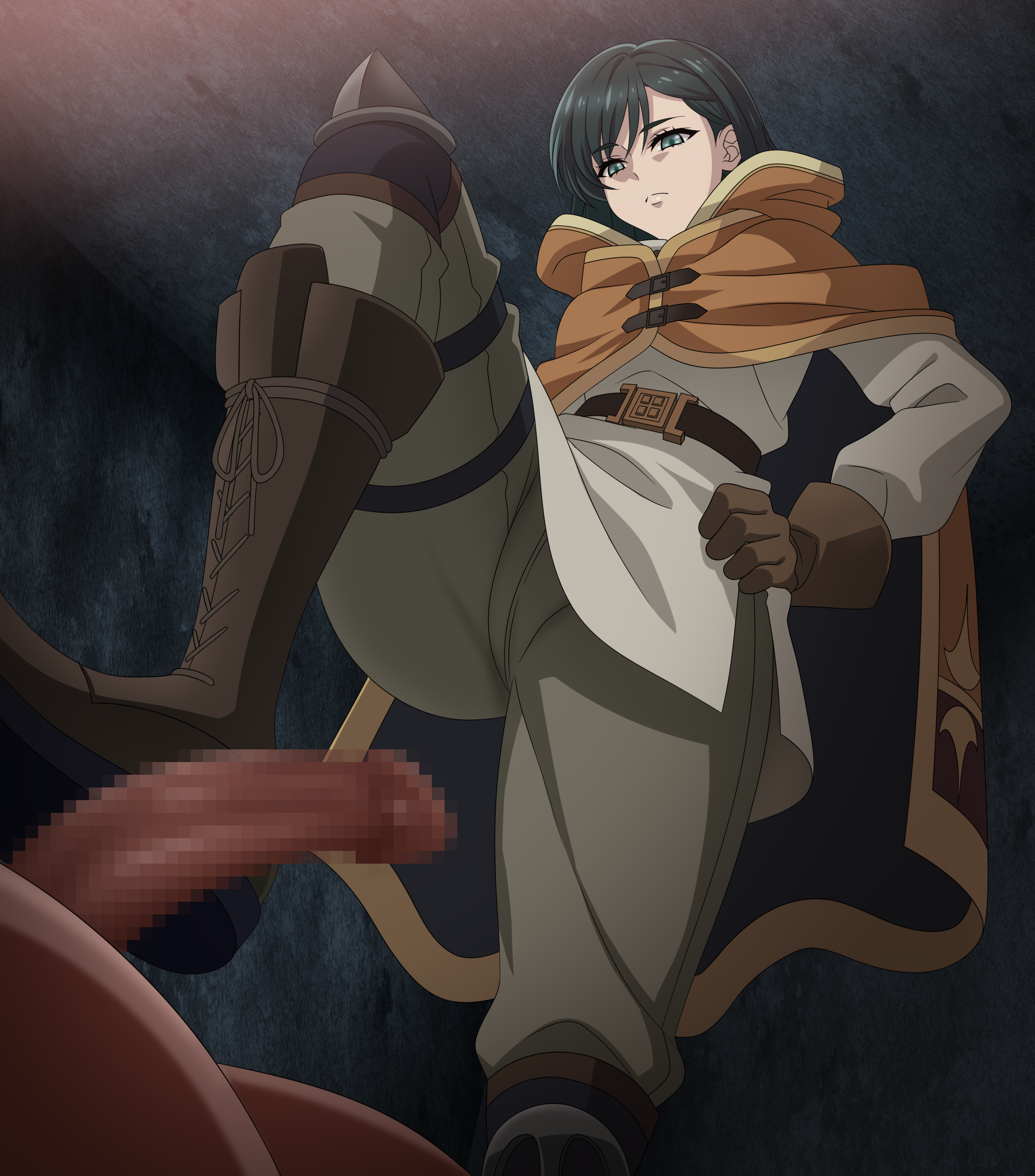 sirano, lily (nier:automata), nier:automata, nier (series), absurdres, commentary request, highres, 1boy, 1girl, bdsm, belt, bootjob, brown gloves, brown hood, censored, clothed female nude male, femdom, footjob, gloves, green eyes, green hair, mosaic censoring, nude, penis, sadism, short hair