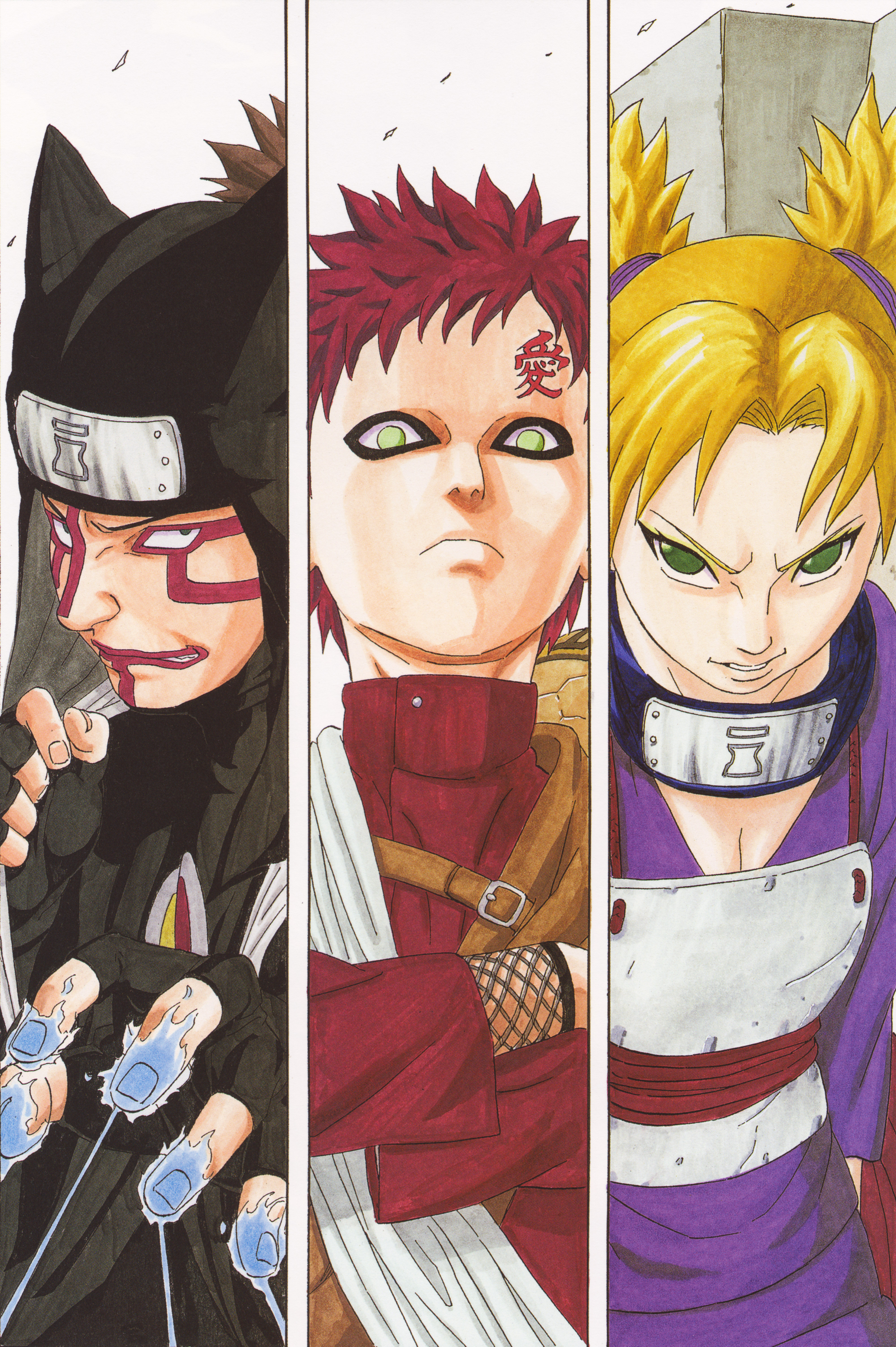 kishimoto masashi, gaara (naruto), kankuro, temari (naruto), naruto (classic), naruto (series), shueisha, absurdres, cleaned, colorized, highres, marker (medium), official art, traditional media, 1girl, 2boys, armor, blonde hair, body writing, breasts, brother and sister, brothers, cleavage, facial mark, fingerless gloves, forehead protector, gloves, green eyes, looking at viewer, multiple boys, ninja, red hair, scar, serious, siblings, smile, sunagakure symbol
