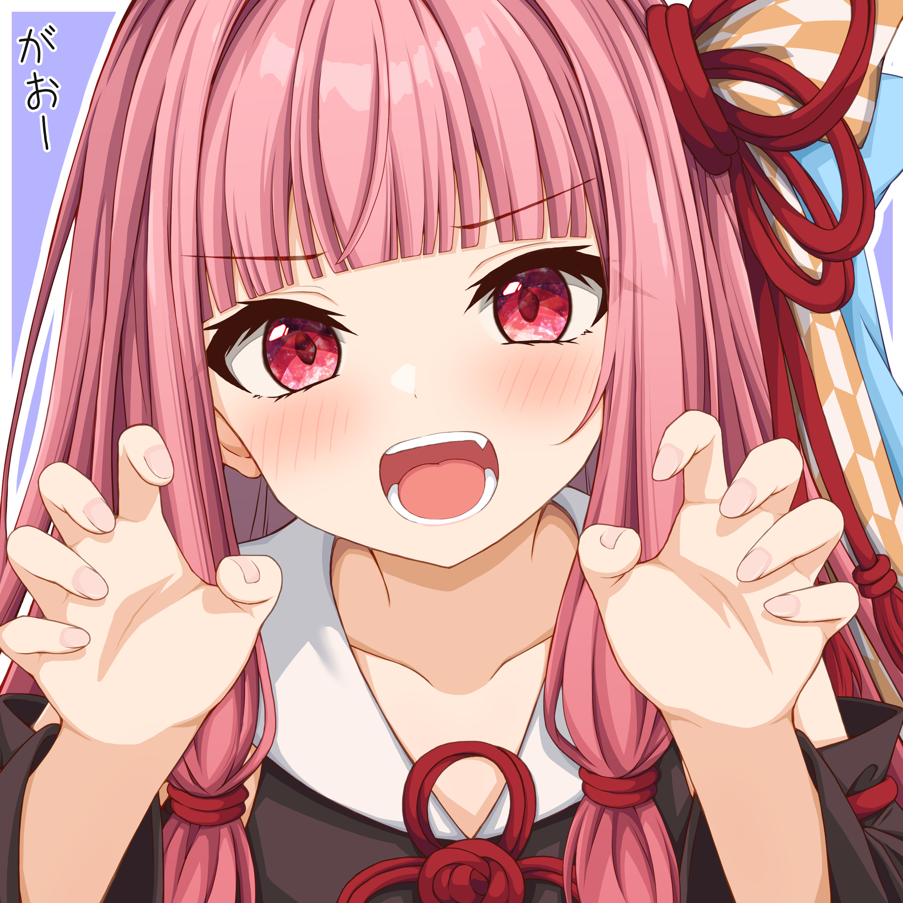 mac 4229, kotonoha akane, voiceroid, absurdres, commentary request, highres, translation request, 1girl, black dress, black sleeves, blush, claw pose, detached sleeves, dress, hands up, long hair, long sleeves, looking at viewer, nail polish, open mouth, outline, pink hair, pink nails, purple background, red eyes, sleeveless, sleeveless dress, solo, upper body, v-shaped eyebrows, white outline, wide sleeves