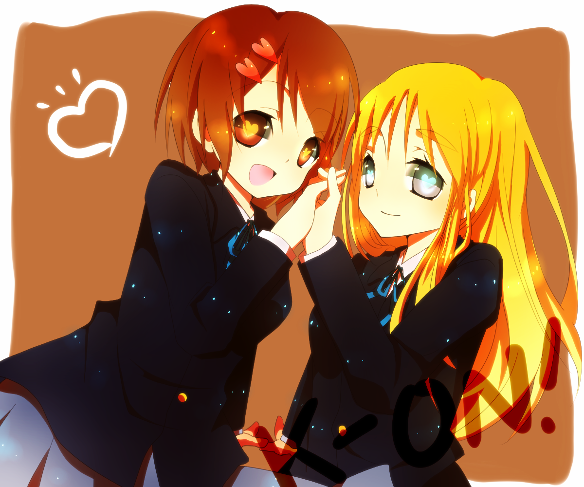 yuuro minaduki, yuuro minazuki, hirasawa yui, kotobuki tsumugi, k-on!, bad id, bad pixiv id, 00s, 2girls, blonde hair, brown hair, hair ornament, hairclip, heart, heart-shaped pupils, holding hands, long hair, multiple girls, school uniform, short hair, symbol-shaped pupils