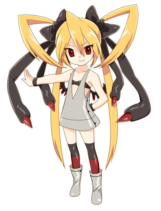 toudou charo, tr, giratina, giratina (origin), moemon, nintendo, pokemon, pokemon dppt, 00s, 1girl, bare shoulders, blonde hair, boots, bow, costume, female focus, flat chest, full body, gen 4 pokemon, hair bow, legendary pokemon, long hair, personification, red eyes, simple background, smile, solo, standing, thighhighs, very long hair, white background, wings