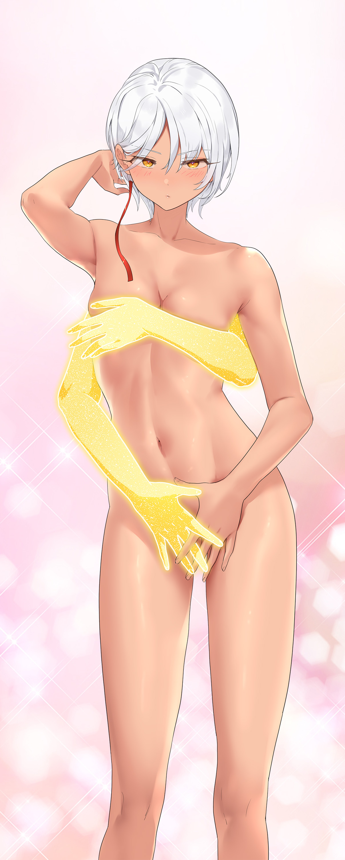 li zhiheng, my harem grew so large i was forced to ascend, blush, breasts, covering breasts, covering crotch, covering privates, dark-skinned female, dark skin, extra arms, fei hong, hair behind ear, hair ornament, looking at viewer, medium breasts, navel, nude, short hair, simple background, stomach, white hair, yellow eyes