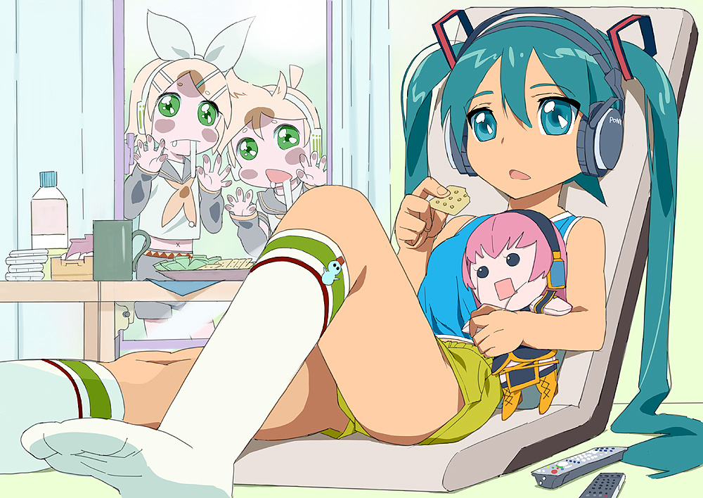 kawasaki kazuhiko, hatsune miku, kagamine len, kagamine rin, megurine luka, vocaloid, 1boy, 2girls, aqua eyes, aqua hair, controller, cracker, eating, feet, food, foreshortening, kneehighs, legs, long hair, multiple girls, navel, remote control, saliva, shorts, socks, twintails, white socks