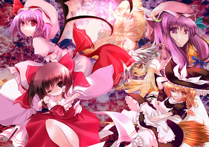 hoshikuzu, flandre scarlet, hakurei reimu, izayoi sakuya, kirisame marisa, patchouli knowledge, remilia scarlet, embodiment of scarlet devil, touhou, bad id, 6+girls, apron, black dress, blonde hair, blush, broom, broom riding, dress, female focus, flat cap, hat, looking at viewer, mob cap, multiple girls, puffy short sleeves, puffy sleeves, red dress, short sleeves, sidelocks, tareme, waist apron, witch hat