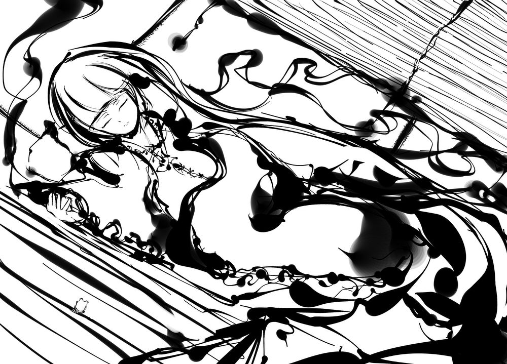 hanuu, houraisan kaguya, touhou, 1girl, female focus, greyscale, monochrome, sketch, sleeping, solo