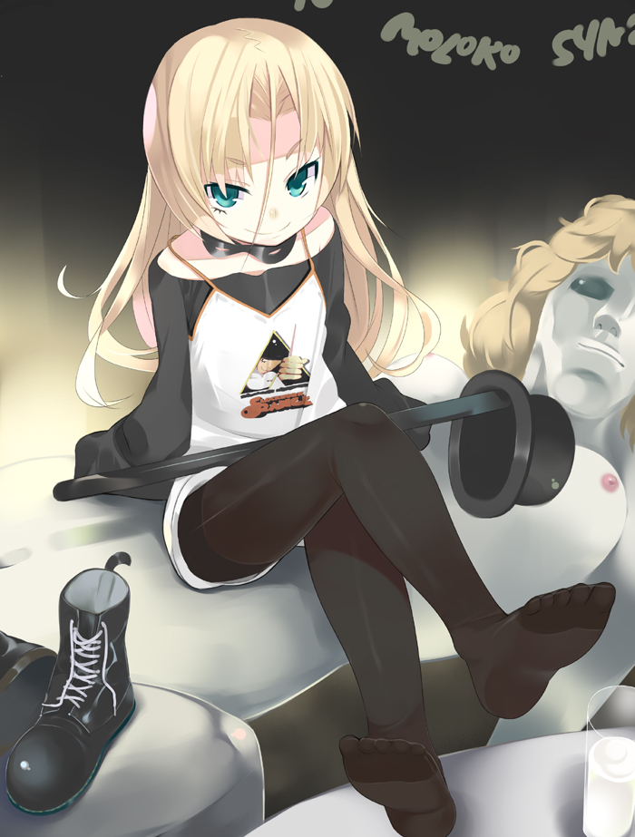 noripachi, alex delarge, a clockwork orange, clockwork orange, stanley kubrick, 1girl, alex delarge (cosplay), blonde hair, boots, cane, cosplay, crossed legs, feet, female focus, foreshortening, glass, green eyes, hat, legs, long hair, mask, milk, no shoes, pantyhose, sitting, smile, soles, solo, toes
