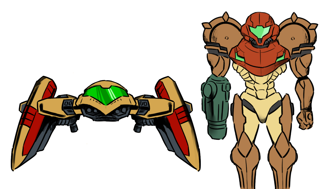 wakaba (wata ridley), samus aran, metroid, nintendo, commentary request, 1girl, arm cannon, armor, assault visor, green visor, multicolored armor, power armor, power suit (metroid), samus's gunship, simple background, spacecraft, varia suit, weapon, white background