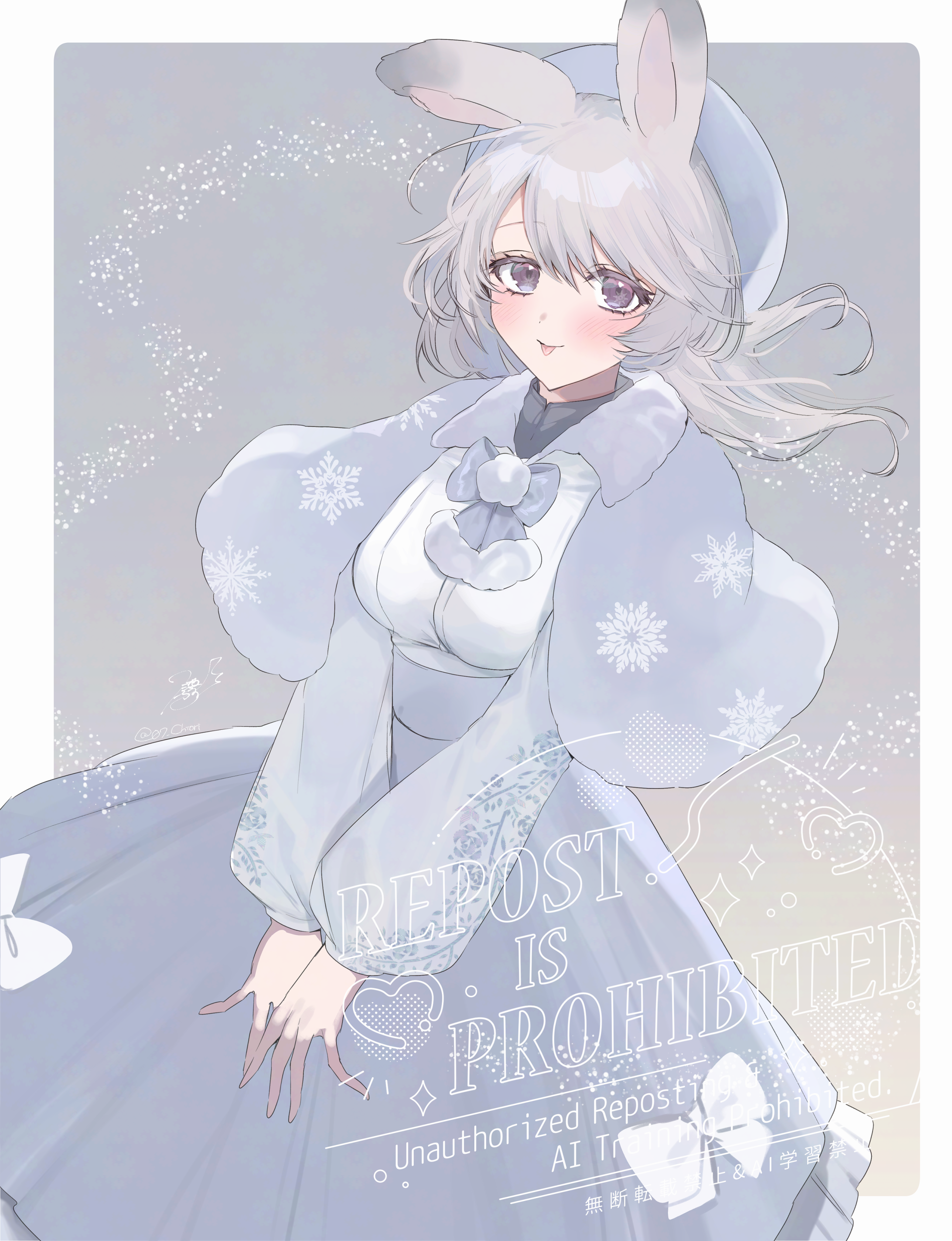 nanase chiori, original, absurdres, commentary request, highres, 1girl, :p, animal ears, beret, blue hat, bow, capelet, closed mouth, frilled skirt, frills, grey background, grey bow, grey capelet, grey eyes, grey hair, grey skirt, hair between eyes, hat, long hair, looking at viewer, print capelet, rabbit ears, shirt, skirt, sleeves past wrists, smile, snowflake print, solo, tongue, tongue out, watermark, white bow, white shirt