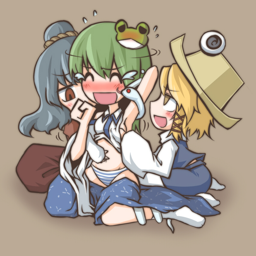 konohana saku, kochiya sanae, moriya suwako, yasaka kanako, touhou, 3girls, armpits, blush, chibi, female focus, groping, hand under clothes, multigrope, multiple girls, panties, striped clothes, striped panties, tickling, tickling breasts, tickling stomach, underwear, yuri