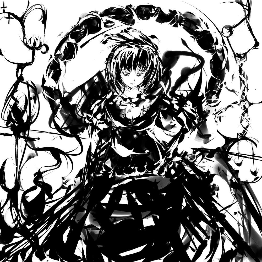 hanuu, yasaka kanako, touhou, 1girl, female focus, greyscale, monochrome, rope, solo