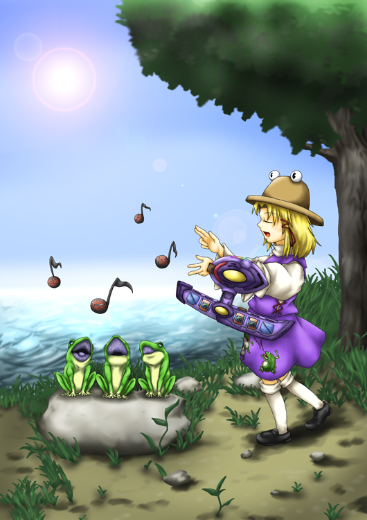 ruins (ruins49), moriya suwako, touhou, yu-gi-oh!, yu-gi-oh! duel monsters, 1girl, blonde hair, closed eyes, crossover, duel disk, female focus, frog, hat, kneehighs, music, ribbon, short hair, singing, socks, solo