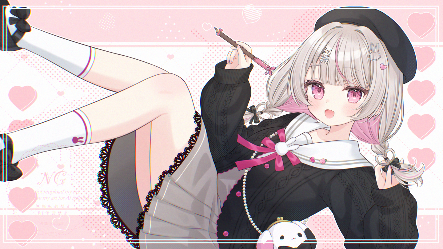 hiiragi kei, commentary request, commission, copyright request, skeb commission, 1girl, :d, animal bag, arm up, bag, beret, black bow, black hat, black jacket, black shoes, bow, dress, feet out of frame, grey dress, grey hair, hair bow, hair ornament, hat, heart, heart hair ornament, holding, jacket, knees together feet apart, lace, lace-trimmed dress, lace trim, long sleeves, looking at viewer, multicolored hair, open mouth, pink eyes, pink hair, pleated dress, puffy long sleeves, puffy sleeves, rabbit hair ornament, sailor collar, sailor dress, shoes, shoulder bag, sleeves past wrists, smile, socks, solo, streaked hair, two-tone hair, virtual youtuber, white sailor collar, white socks, x hair ornament