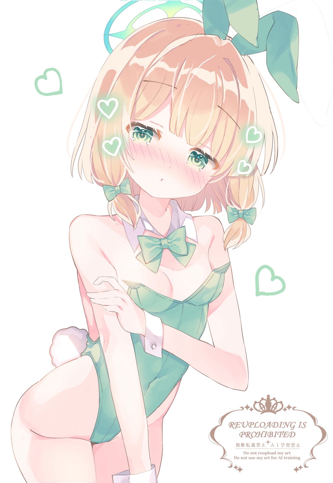 moeno uni, midori (blue archive), blue archive, commentary, highres, 1girl, alternate costume, animal ears, bare shoulders, blonde hair, bow, bowtie, breasts, closed mouth, cowboy shot, detached collar, fake animal ears, fake tail, green bow, green bowtie, green eyes, green halo, green leotard, groin, hair bow, halo, hand on own arm, head tilt, heart, highleg, highleg leotard, leaning forward, leotard, looking at viewer, low-tied sidelocks, oversized breast cup, parted bangs, playboy bunny, rabbit ears, rabbit tail, short hair, sidelocks, simple background, small breasts, solo, strapless, strapless leotard, tail, white background, white wrist cuffs, wing collar, wrist cuffs