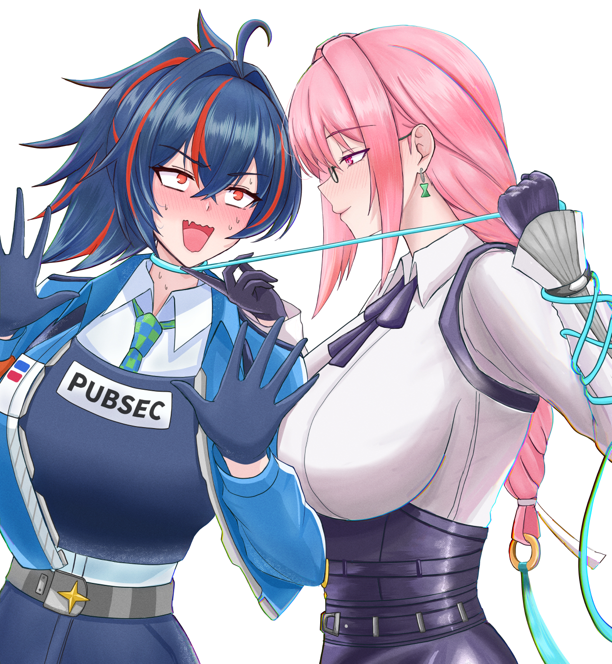 miyabidai, tsukishiro yanagi, zhu yuan, zenless zone zero, commentary request, highres, revision, 2girls, belt, black hair, blue jacket, blush, bow, breasts, cable, earrings, glasses, gloves, hand on another's chin, harness, high-waist pants, high-waist skirt, jacket, jewelry, large breasts, leash, long hair, multicolored hair, multiple girls, necktie, nervous sweating, nose blush, pants, pencil skirt, pet play, pink eyes, pink hair, police, police uniform, policewoman, ponytail, red eyes, red hair, ring hair ornament, shirt, skirt, streaked hair, sweat, white shirt, yuri