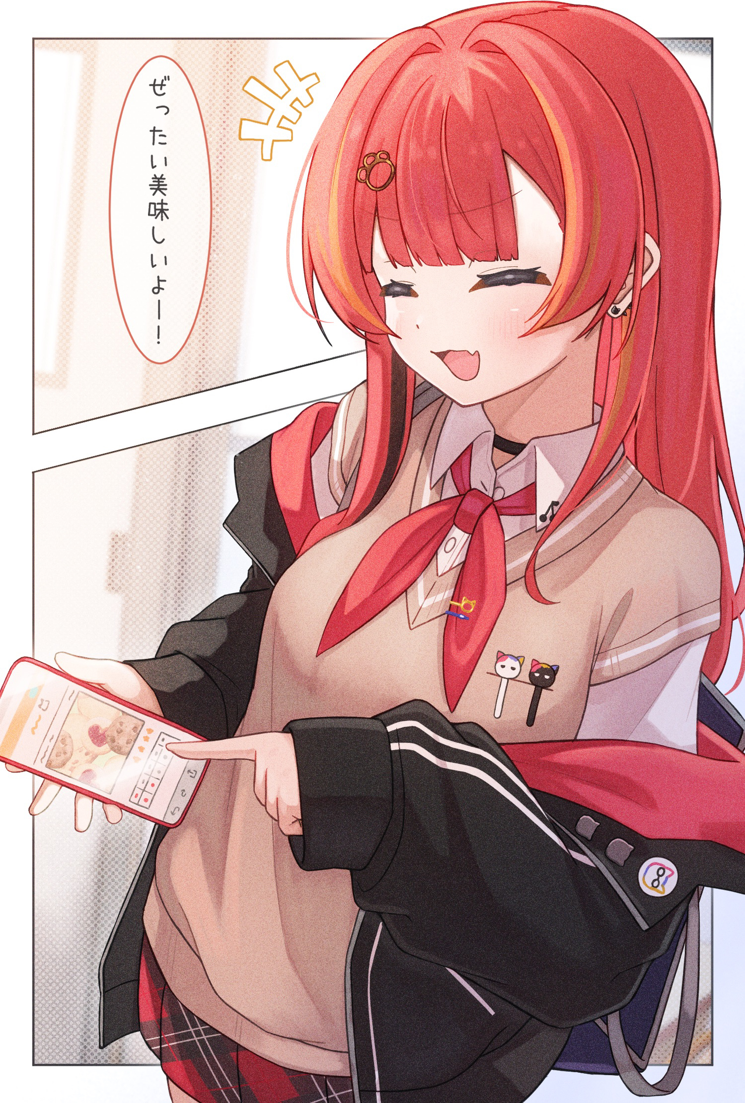 anku, nekota tsuna, vspo!, commentary request, highres, translation request, +++, 1girl, :d, black choker, black hair, black jacket, breasts, brown sweater, cellphone, choker, closed eyes, collared shirt, dress shirt, earrings, facing viewer, fang, holding, holding phone, jacket, jewelry, layered sleeves, long hair, long sleeves, multicolored hair, neckerchief, off shoulder, open clothes, open jacket, open mouth, paw hair ornament, phone, plaid clothes, plaid skirt, pleated skirt, puffy long sleeves, puffy sleeves, red hair, red neckerchief, red skirt, school uniform, shirt, short-sleeved sweater, short over long sleeves, short sleeves, skirt, sleeves past wrists, small breasts, smile, solo, streaked hair, stud earrings, sweater, virtual youtuber, white shirt