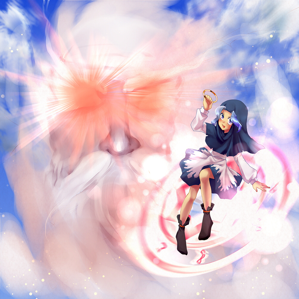 sayama yoshiki, kumoi ichirin, unzan, touhou, bad id, bad pixiv id, 1boy, 1girl, blue eyes, blue hair, bracelet, cloud, hood, jewelry, kakusei shitauruchi, ring, short hair