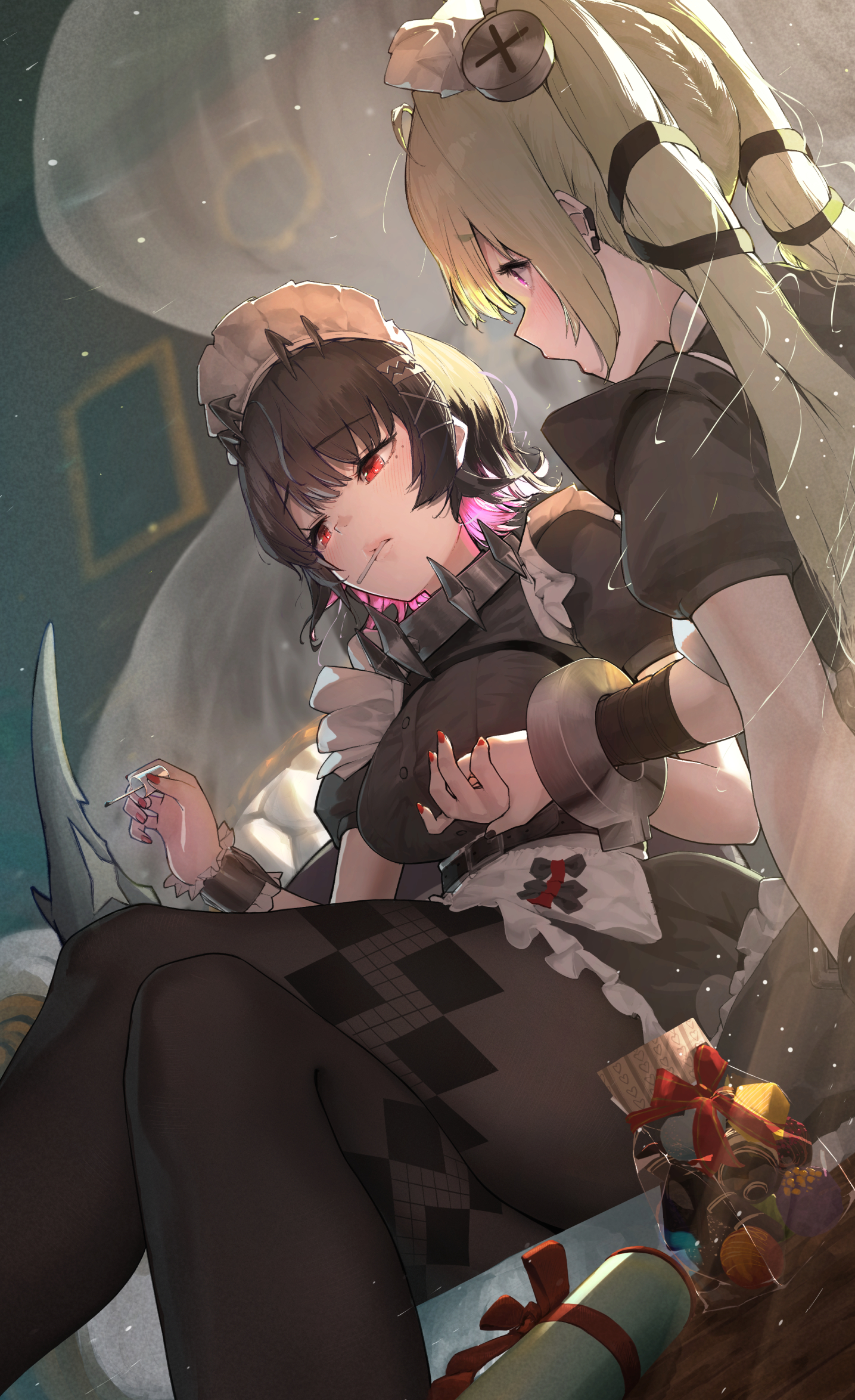 mmk (majinai no mori), corin wickes, ellen joe, zenless zone zero, commentary request, highres, revision, 2girls, apron, belt, black belt, black dress, black hair, black pantyhose, blurry, blurry background, breasts, candy, chocolate, colored inner hair, crossed legs, cuffs, dress, dutch angle, fins, fish tail, food, frilled wristband, frills, green hair, hairband, holding hands, large breasts, lollipop, long hair, maid, maid apron, maid headdress, metal hairband, mole, mole under eye, multicolored hair, multiple girls, pantyhose, puffy short sleeves, puffy sleeves, purple eyes, red eyes, red nails, screw hair ornament, shark girl, shark tail, short hair, short sleeves, sitting, spiked headband, tail, twintails, valentine, white apron, wristband, yuri