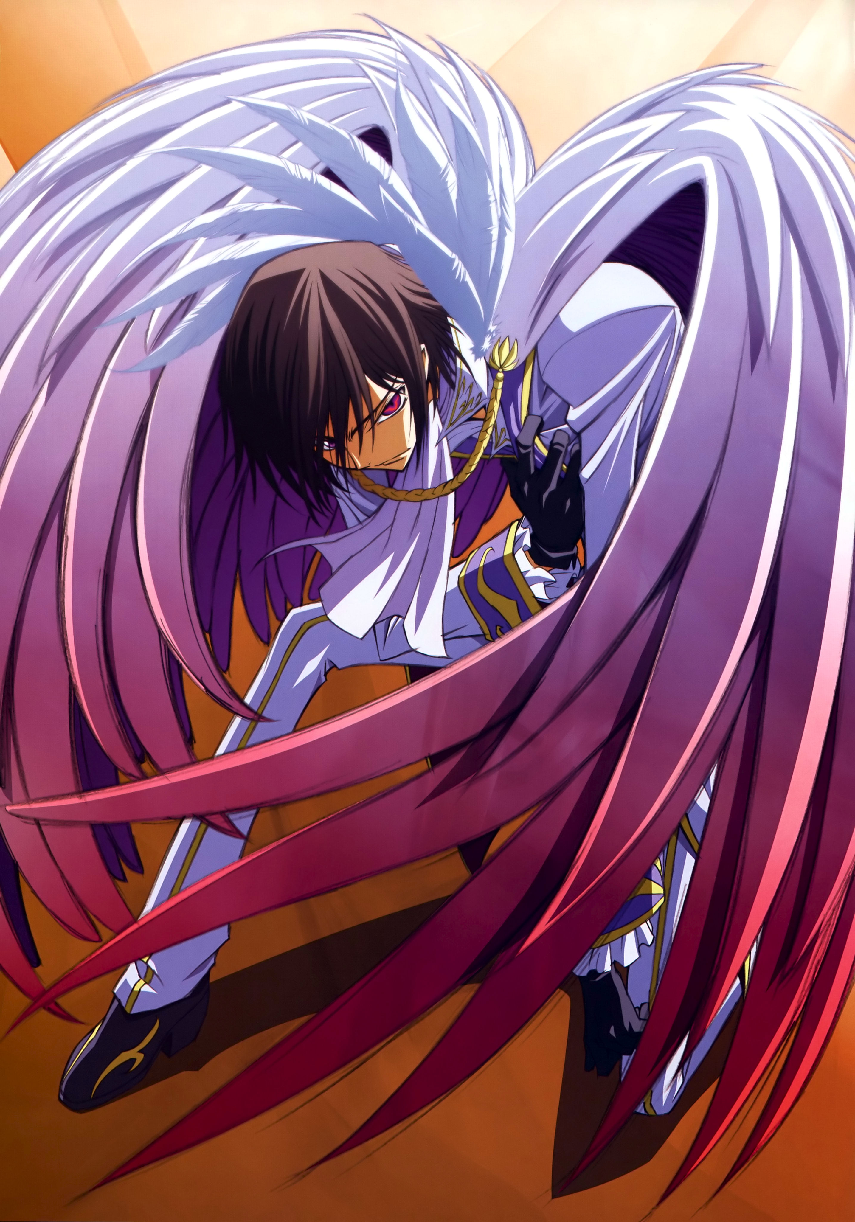 kimura takahiro, lelouch vi britannia, code geass, absurdres, highres, 00s, 1boy, angel wings, gloves, male focus, solo, wings