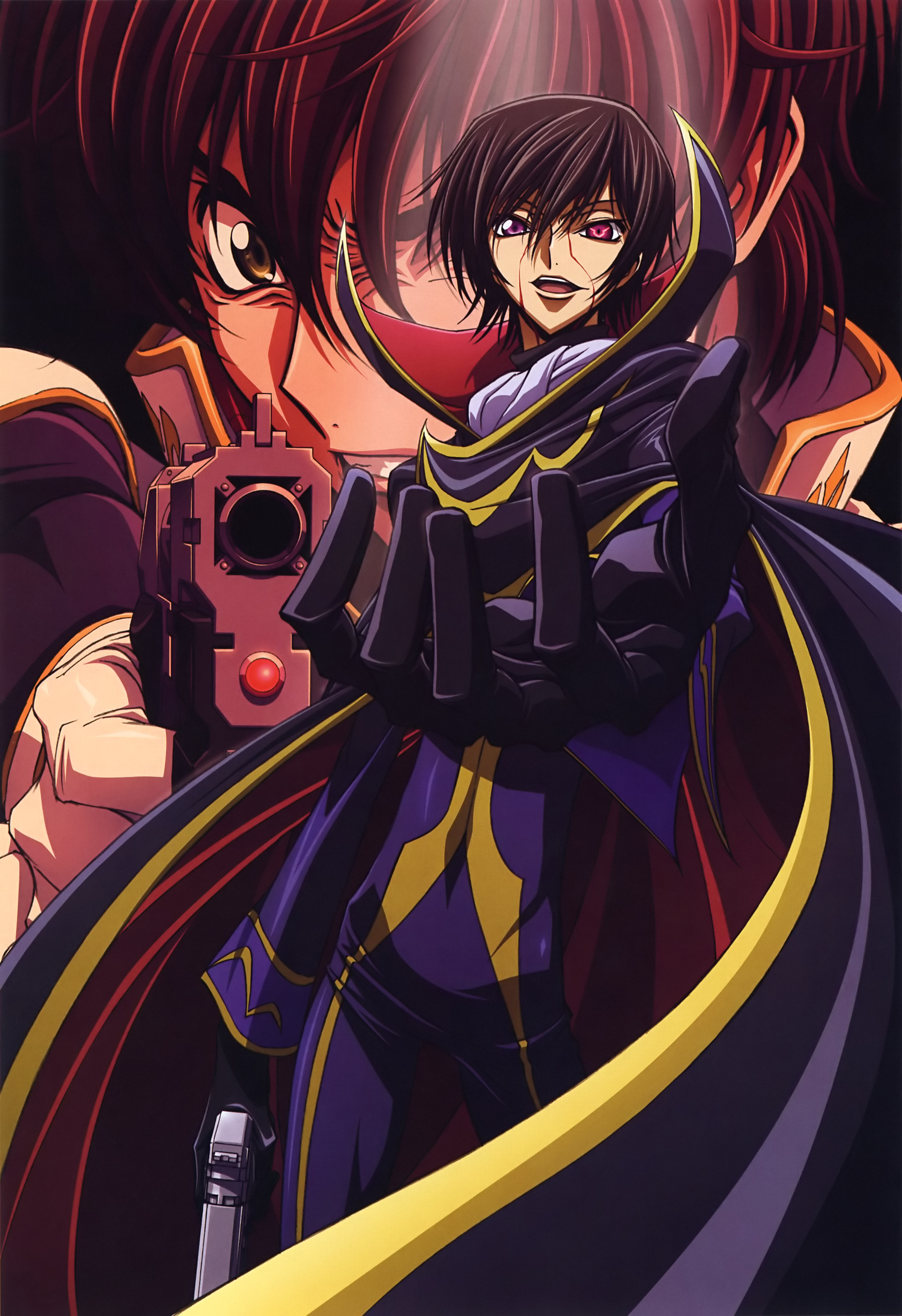 kimura takahiro, kururugi suzaku, lelouch vi britannia, zero (code geass), code geass, absurdres, highres, 00s, 2boys, black hair, blood, geass, gun, male focus, multiple boys, weapon