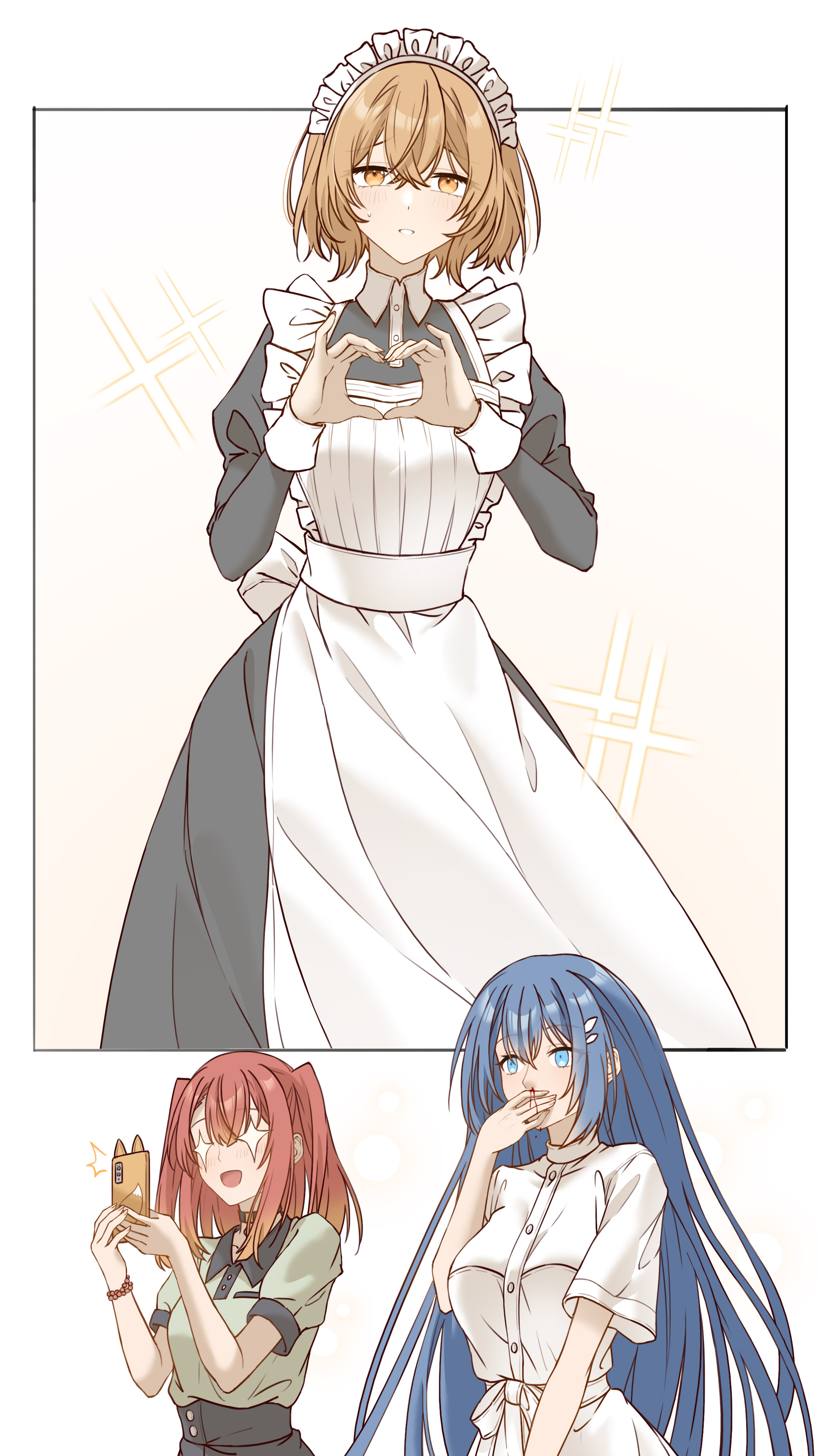 innoarukugyou, oumi shiori, yaotose hinako, yashiro miko, watashi wo tabetai hitodenashi, absurdres, commentary, highres, + +, 3girls, apron, black dress, blood, blue eyes, blue hair, brown eyes, brown hair, cellphone, dress, green shirt, heart, heart hands, holding, holding phone, long hair, maid, maid apron, maid headdress, multiple girls, nosebleed, open mouth, parted lips, phone, red hair, shirt, short hair, smartphone, smile, sparkle, taking picture, two side up, white apron, white dress, white headdress, yuri