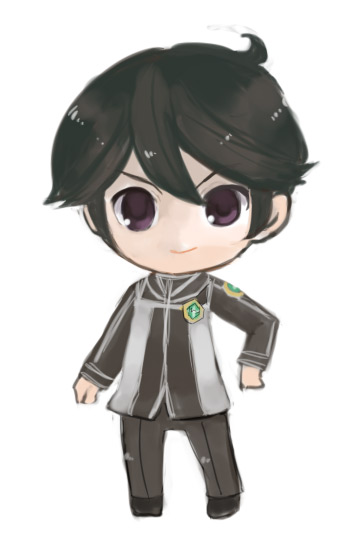 masaki natsume, seki rei shiroe, toward the terra, uniform, bad id, bad pixiv id, 1boy, black hair, chibi, male focus, purple eyes, solo