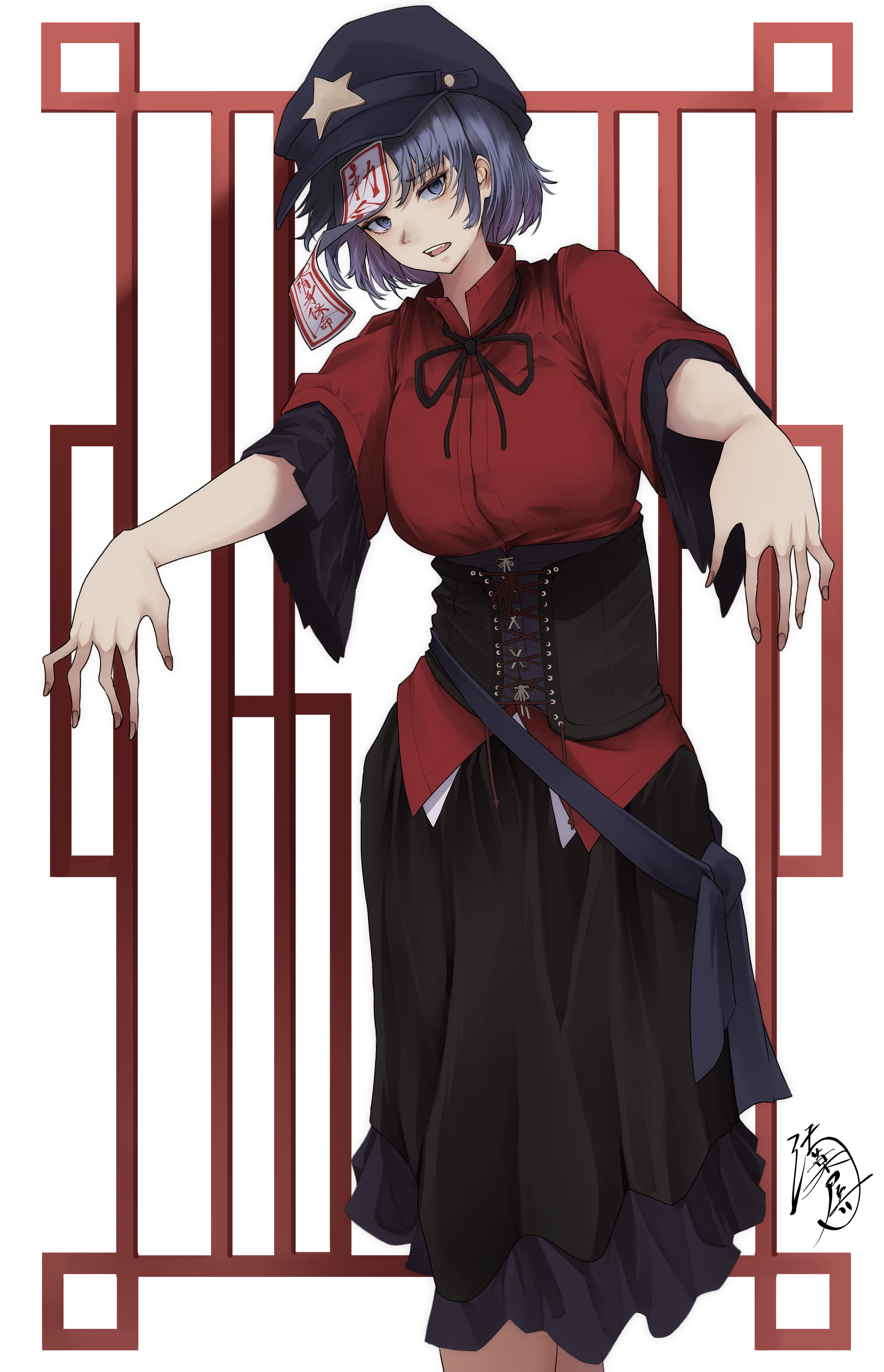 yagoro kusuriya, miyako yoshika, touhou, absurdres, commentary request, highres, 1girl, black corset, black hat, black ribbon, black skirt, blue eyes, blue hair, breasts, corset, full body, hat, hat ornament, head tilt, jiangshi, lattice, long skirt, looking at viewer, medium breasts, neck ribbon, newsboy cap, ofuda, open mouth, outstretched arms, red shirt, ribbon, shirt, short hair, short sleeves, signature, skirt, solo, standing, star (symbol), star hat ornament, white background, zombie pose