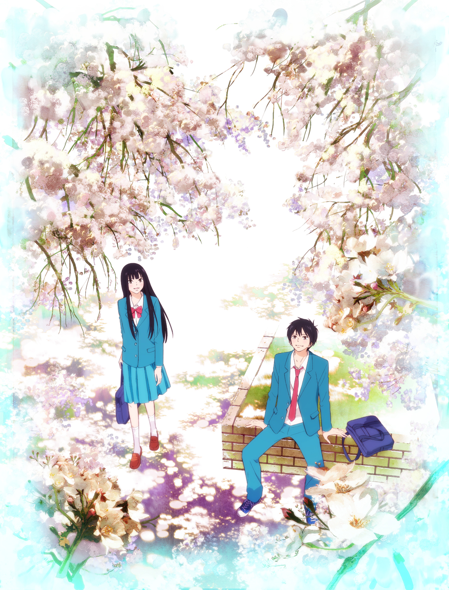 kazehaya shouta, kuronuma sawako, kimi ni todoke, brown footwear, highres, 00s, bag, black hair, blue skirt, blunt bangs, bow, brown eyes, flower, loafers, long hair, long sleeves, looking up, necktie, pants, pleated skirt, school bag, school uniform, shirt, shoes, short hair, sitting, skirt, socks, standing, tree, white shirt, white socks