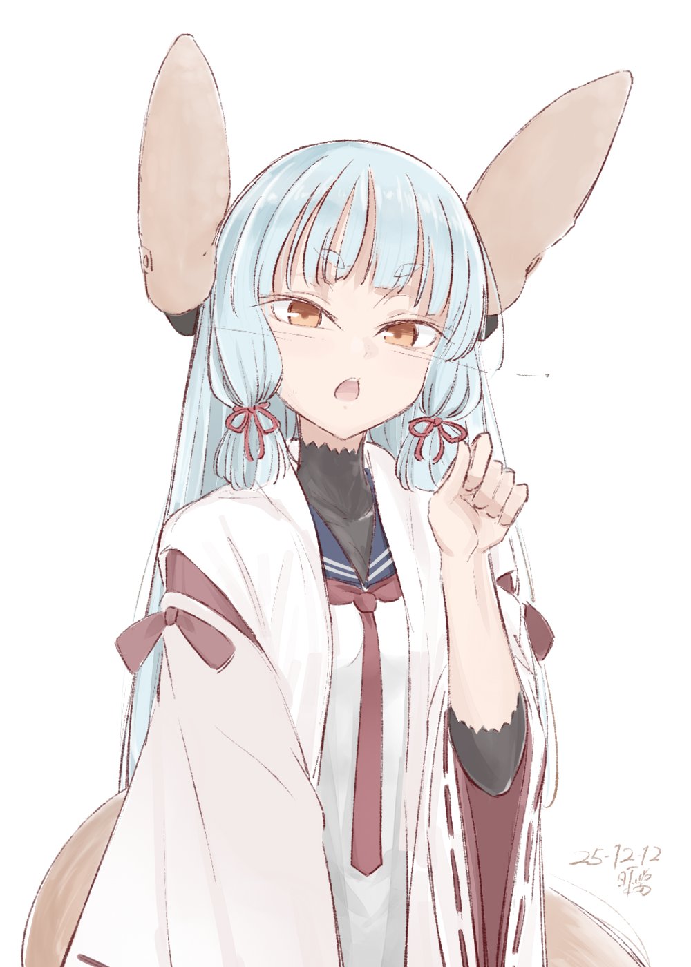 hikashima (shiofune), murakumo (kancolle), kantai collection, highres, 1girl, adapted costume, black sailor collar, blunt bangs, blunt tresses, dress, floating headgear, grey hair, hair ribbon, haori, headgear, japanese clothes, necktie, orange eyes, red necktie, ribbon, sailor collar, sailor dress, simple background, solo, tress ribbon, white background, white haori