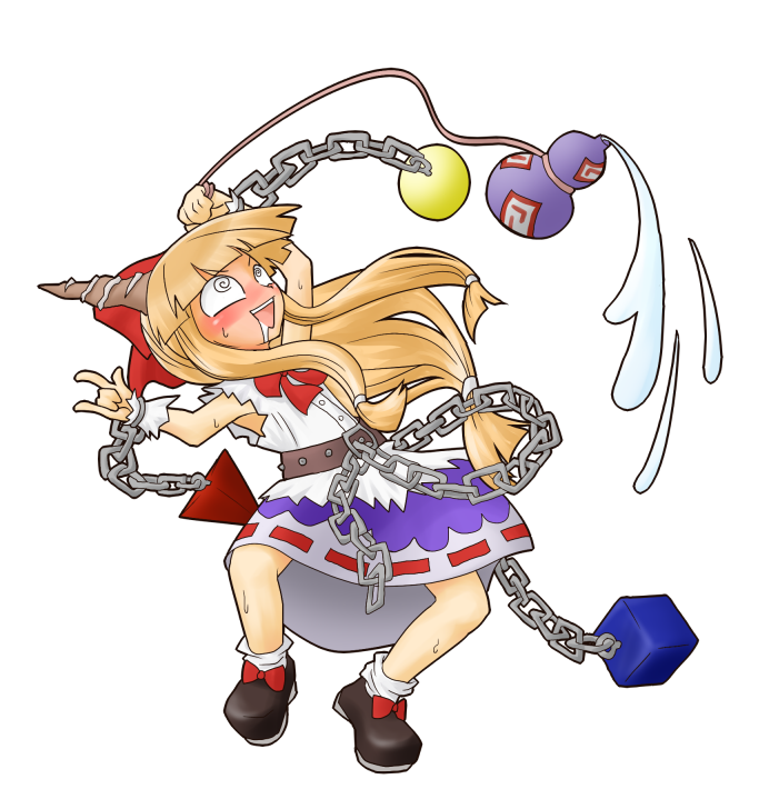 aduman, ganmen2525, ibuki suika, touhou, bad id, bad pixiv id, 1girl, bow, brown hair, chain, drunk, female focus, hair bow, horns, long hair, m/, oni, solo