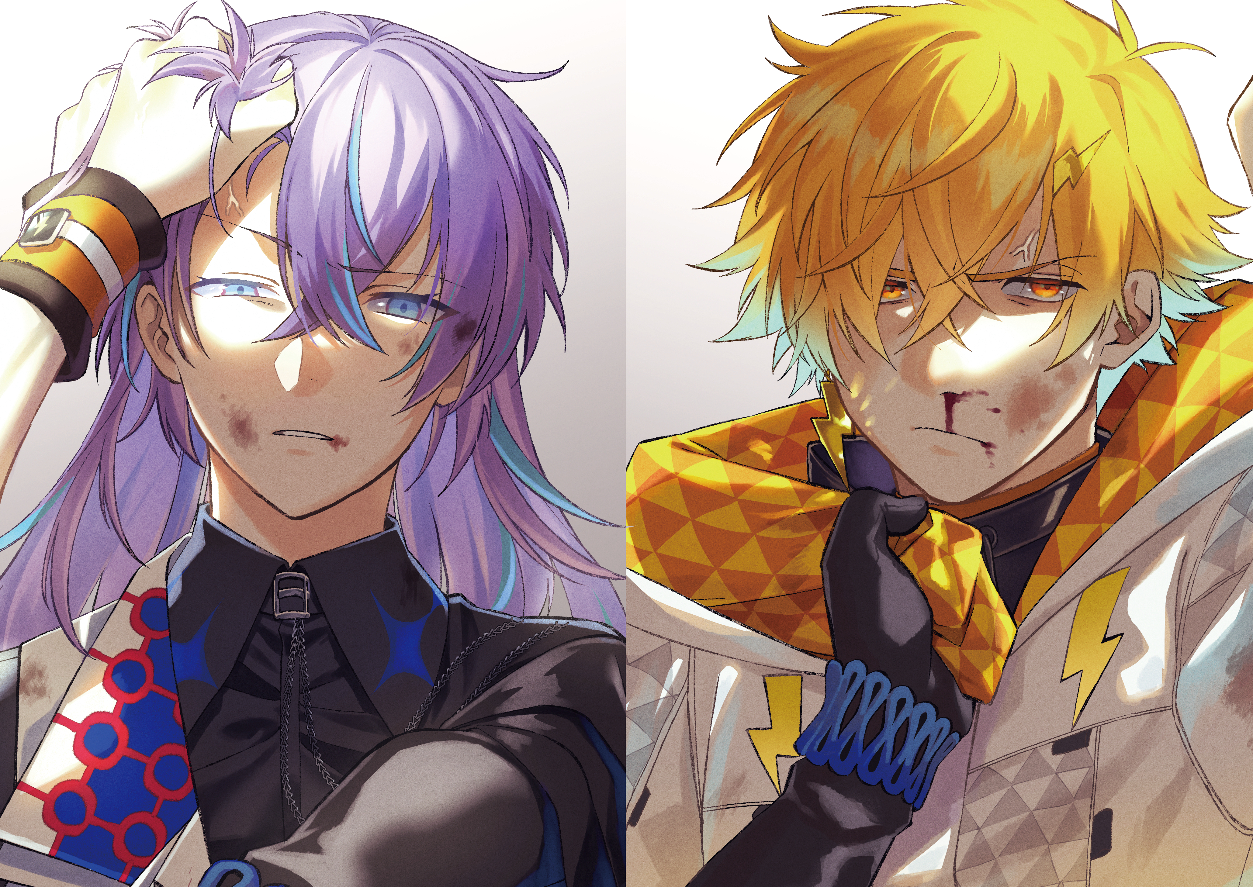 ebippoid, hoshirube sho, hoshirube sho (1st costume), usami rito, usami rito (1st costume), nijisanji, absurdres, commentary request, highres, 2boys, anger vein, black gloves, black shirt, blonde hair, blood, blood on face, blue eyes, blue hair, bruise, clothes grab, collared shirt, gloves, grabbing another's hair, grabbing another's shirt, gradient background, gradient hair, green hair, grey background, holding another's hair, injury, jacket, lightning bolt symbol, long sleeves, male focus, multicolored hair, multiple boys, nose, off shoulder, orange eyes, purple hair, shirt, simple background, streaked hair, virtual youtuber, white background, white jacket, wristband