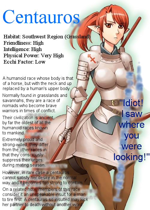 okayado, hard-translated, third-party edit, translated, 1girl, armor, centaur, centaur knight, character profile, female focus, knight, monster girl, pointy ears, polearm, ponytail, red eyes, red hair, solo, spear, tail, taur, tsundere, weapon