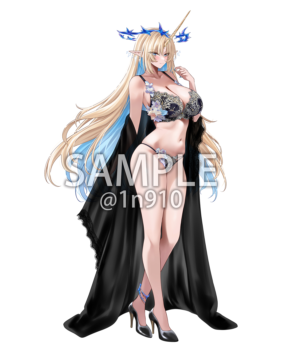 m (1n910), fleurdelys (wuthering waves), wuthering waves, commentary, highres, 1girl, bare shoulders, black bra, black panties, black robe, black shoes, blonde hair, blue eyes, blue hair, blue nails, blush, bra, breasts, cleavage, closed mouth, clothes down, collarbone, crown of thorns, earrings, fingernails, floating earrings, hand up, high heels, horns, huge breasts, jewelry, long hair, long horns, nail polish, navel, open clothes, open robe, panties, pointy ears, robe, sample watermark, shoes, sidelocks, simple background, single horn, smile, solo, stomach, tachi-e, thighs, twitter username, underwear, very long hair, watermark, white background, yellow horns