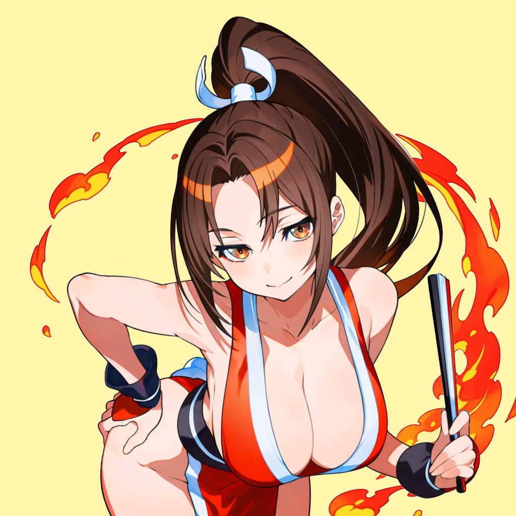 shiranui mai, fatal fury, the king of fighters, commentary request, 1girl, bent over, breasts, brown eyes, brown hair, cleavage, closed mouth, eyelashes, fire, hair intakes, hair ribbon, hand fan, hand on own hip, holding, holding fan, japanese clothes, large breasts, long hair, looking at viewer, pelvic curtain, ponytail, revealing clothes, ribbon, simple background, smile, solo, white ribbon, yellow background, ziye233xyz
