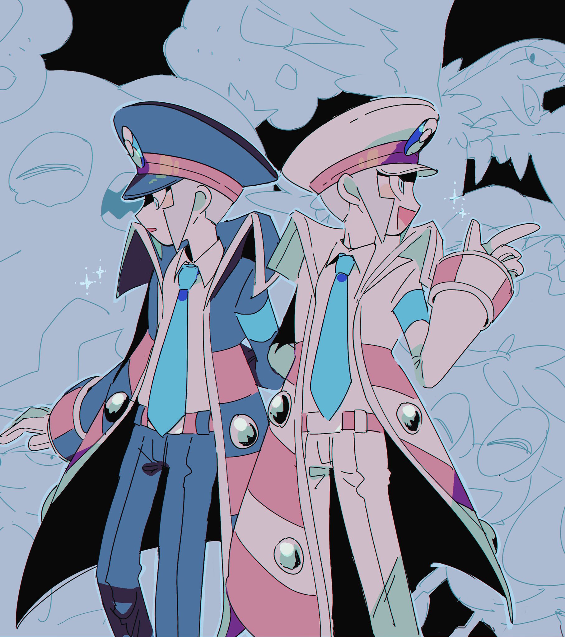 kari (user grrs8577), archeops, crustle, emmet (pokemon), garbodor, ingo (pokemon), nintendo, pokemon, pokemon bw, commentary request, highres, 2boys, arm behind back, black coat, black hat, black pants, brothers, coat, gen 5 pokemon, grey eyes, grey hair, hat, index finger raised, male focus, multiple boys, necktie, pants, peaked cap, pokemon (creature), shirt, siblings, twins, white coat, white hat, white pants, white shirt