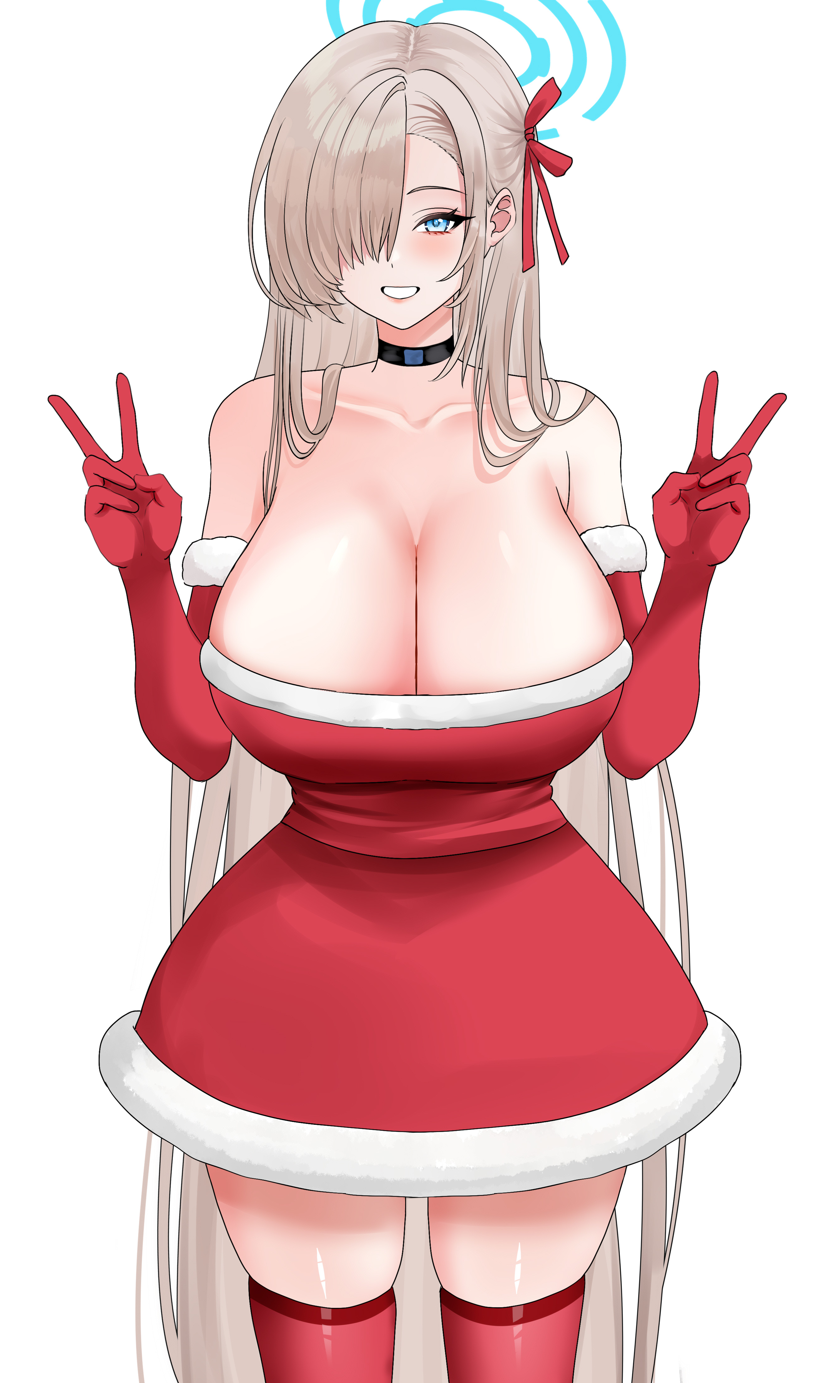 fuyu nur, asuna (blue archive), blue archive, absurdres, highres, 1girl, bare shoulders, blonde hair, blue eyes, blue halo, blush, breasts, choker, christmas, cleavage, collarbone, double v, dress, elbow gloves, fur-trimmed dress, fur-trimmed gloves, fur trim, gloves, grin, hair over one eye, hair ribbon, halo, hat, large breasts, long hair, looking at viewer, off-shoulder dress, off shoulder, red dress, red gloves, red thighhighs, ribbon, santa costume, santa dress, santa hat, smile, solo, thighhighs, thighs, v, very long hair, white background