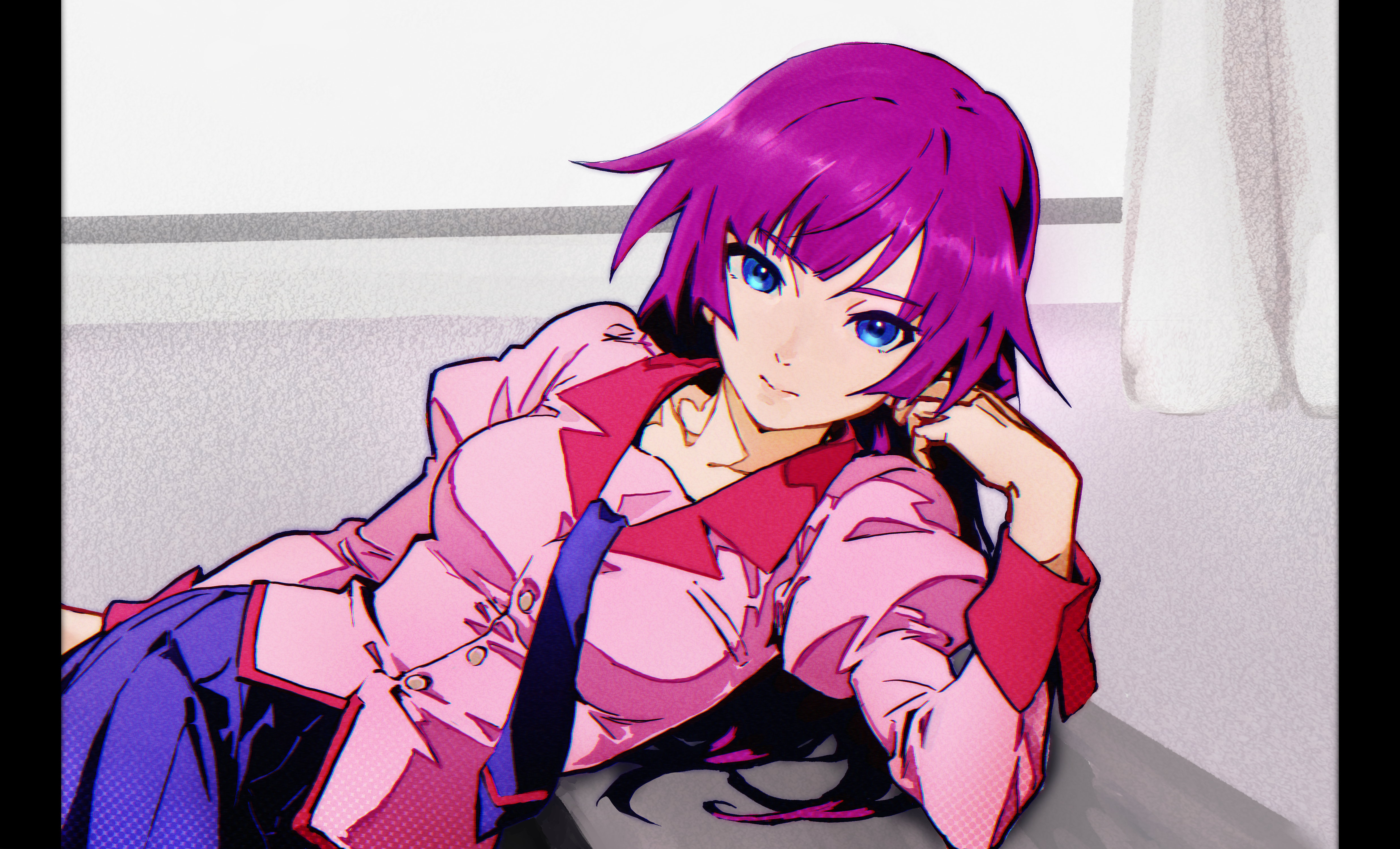 senjougahara hitagi, bakemonogatari, monogatari (series), absurdres, commentary, highres, 1girl, blue necktie, blue skirt, breasts, closed mouth, collarbone, collared shirt, cowboy shot, curtains, desk, expressionless, eyelashes, grey background, indoors, juliet sleeves, leaning to the side, long hair, long sleeves, looking at viewer, medium breasts, naoetsu high school uniform, necktie, pillarboxed, pink shirt, pleated skirt, puffy sleeves, purple hair, sanketsu (user zxmp2323), school desk, school uniform, shirt, skirt, solo