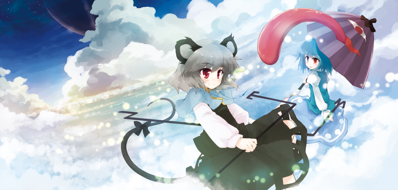 yukitarou (awamori), nazrin, tatara kogasa, touhou, 2girls, :p, animal ears, blue eyes, blue hair, cloud, day, dowsing rod, female focus, grey hair, heterochromia, jewelry, karakasa obake, mouse ears, mouse tail, multiple girls, pendant, red eyes, sandals, short hair, sky, tail, tongue, tongue out, umbrella