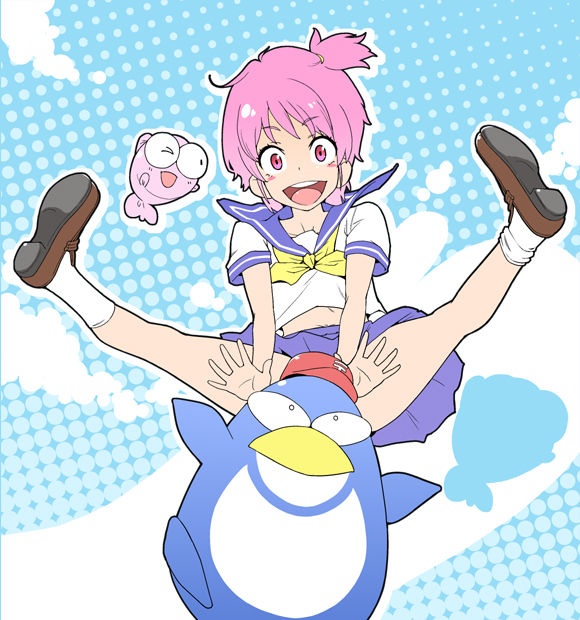 ogata mamimi, gyopi, wapiko, kingyo chuuihou!, 1girl, baseball cap, bird, blue sailor collar, blush, female focus, fish, happy, hat, legs up, midriff, no panties, one eye closed, penguin, pink eyes, pink hair, polka dot, sailor collar, school uniform, serafuku, shoes, short hair, side ponytail, skirt, socks, solo, spread legs, wink