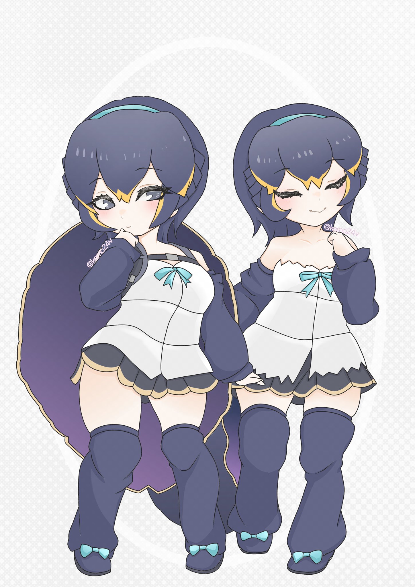 kemo24vv, eastern santa cruz giant tortoise (kemono friends), western santa cruz giant tortoise (kemono friends), kemono friends, commentary, highres, symbol-only commentary, 2girls, bare shoulders, belt, black eyes, black hair, camisole, closed eyes, grey hair, hairband, looking at viewer, multicolored hair, multiple girls, ribbon, shoes, short hair, simple background, skirt, streaked hair, thighhighs, turtle girl, turtle shell