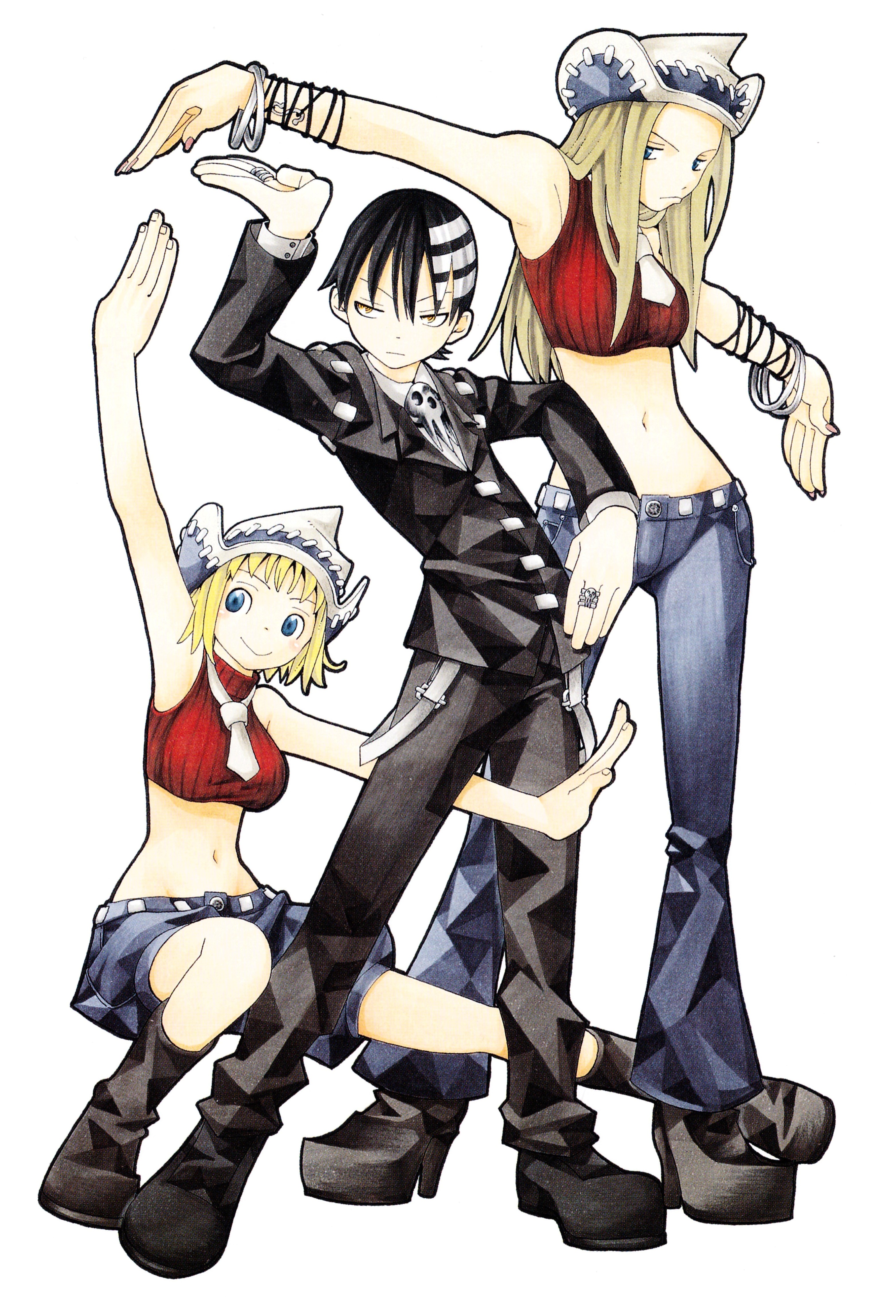 ohkubo atsushi, death the kid, elizabeth thompson, patricia thompson, soul eater, absurdres, highres, 00s, 1boy, 2girls, bare shoulders, black hair, blonde hair, blue eyes, hat, long hair, midriff, multiple girls, navel, necktie, short hair, shorts, sleeveless, sleeveless turtleneck, smile, turtleneck