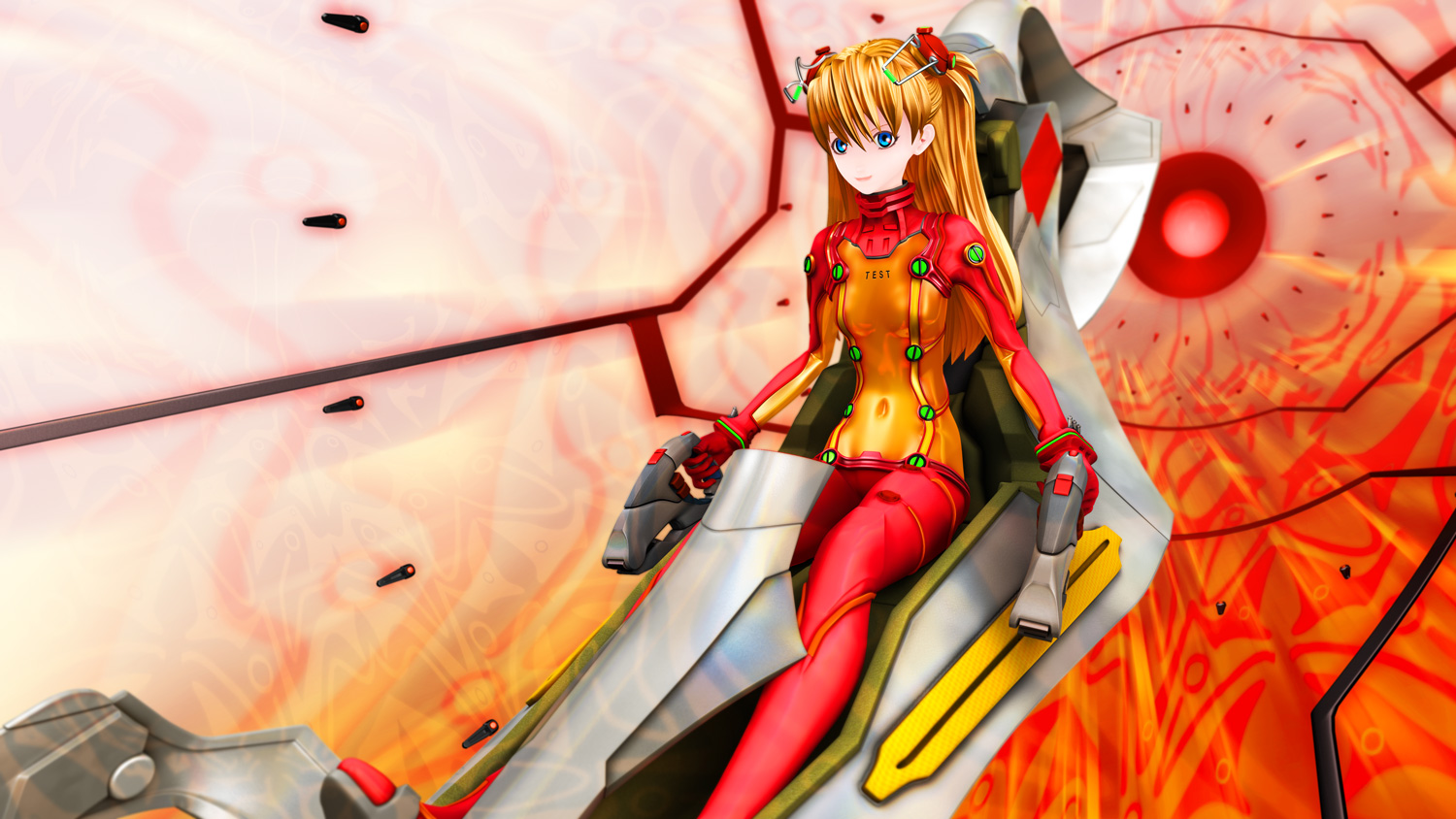 souryuu asuka langley, evangelion: 2.0 you can (not) advance, neon genesis evangelion, rebuild of evangelion, 00s, 1girl, 3d, blue eyes, brown hair, chain, cockpit, covered erect nipples, female focus, hairband, legs, long hair, mecha pilot suit, plugsuit (evangelion), solo, test plugsuit (evangelion), thighs