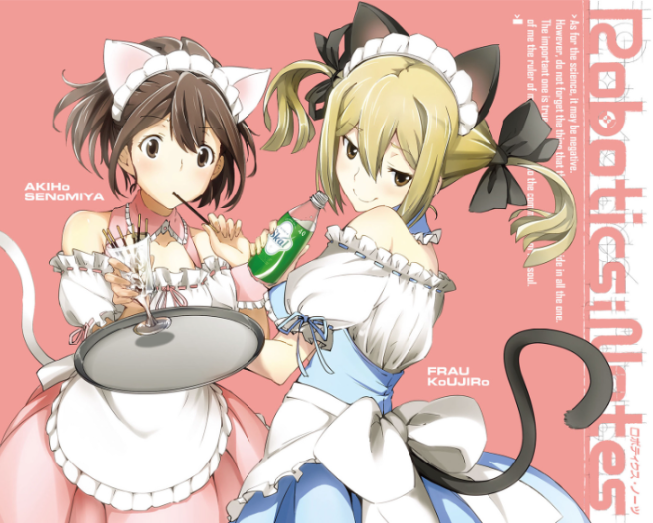 fukuda tomonori, koujiro frau, senomiya akiho, robotics;notes, science adventure, official art, 2girls, alternate costume, animal ears, black bow, blonde hair, blue dress, bottle, bow, brown eyes, cat ears, cat tail, copyright name, dress, eating, enmaided, food, food in mouth, frilled dress, frills, hair between eyes, hair bow, holding, holding bottle, holding food, holding pocky, holding tray, maid, multiple girls, multiple hair bows, off shoulder dress, pink dress, pocky, pocky in mouth, sidelocks, skal, tail, tray, twintails